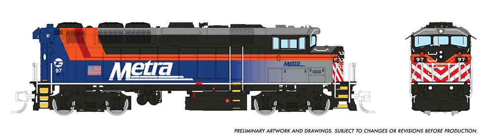 Illustration of a black, blue, orange, and white diesel passenger train locomotive with four silver wheels all viewed from profile.