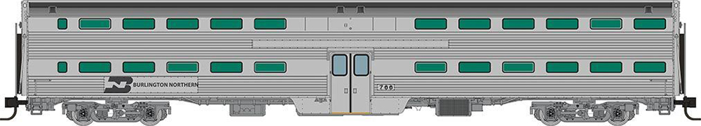 Color illustration of a silver double-deck railroad passenger car with green tinted windows and black lettering as viewed from the side.