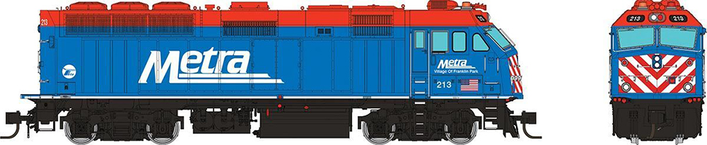 Illustration of a railroad passenger locomotive viewed from the side with black frame, blue body, and red roof, and including white lettering and numbering.