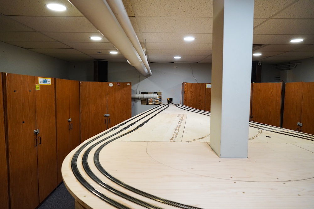 Wide shot of tracks inside a locker room
