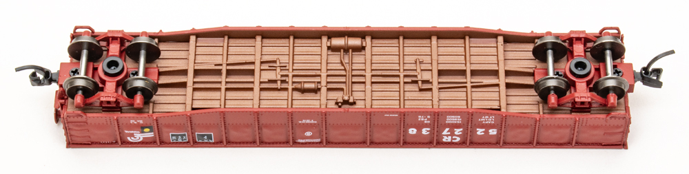 Color photo showing underbody of N scale freight car.