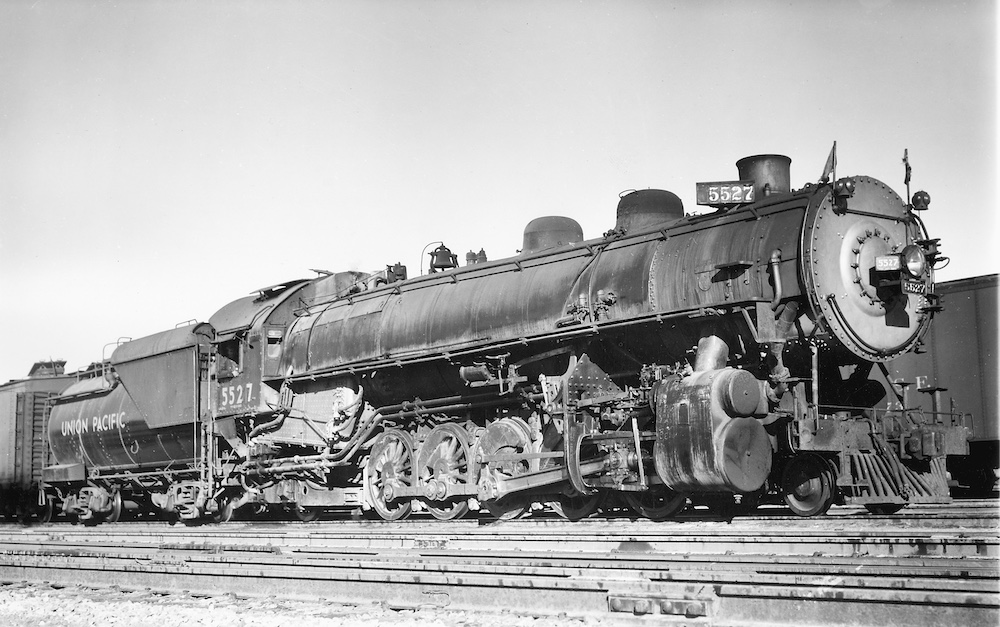 Steam locomotive in a rail yard