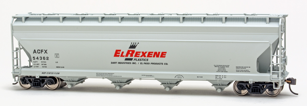 Color photo of HO scale covered hopper painted gray with red and black graphics on white background