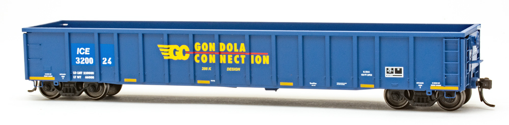 Color photo of HO scale gondola painted blue with red, yellow, and white graphics.
