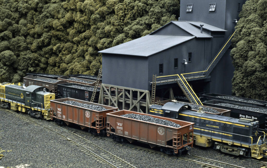 Two trains are switching on a model railroad layout