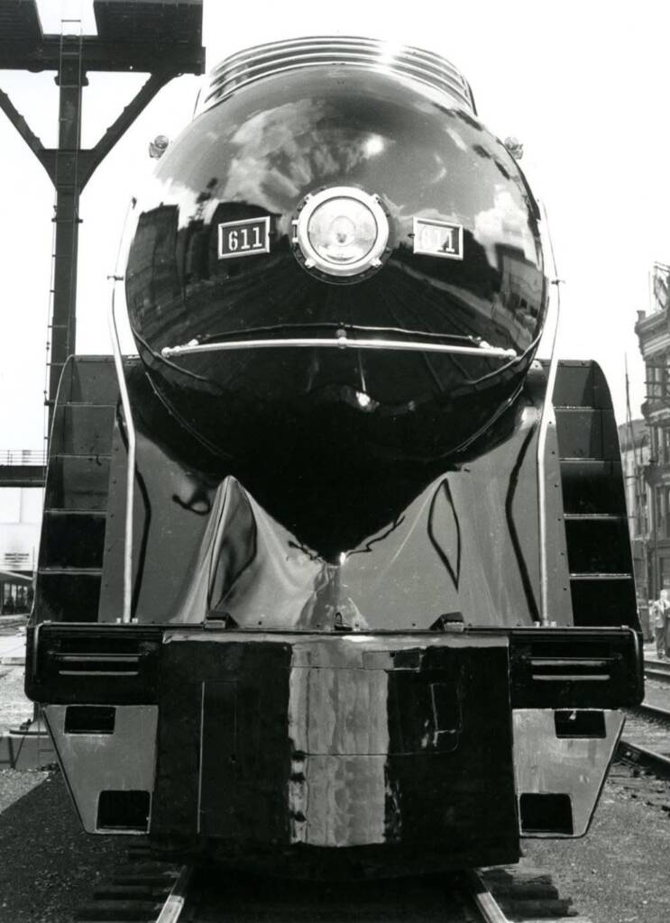 Head-end photo of steam locomotive