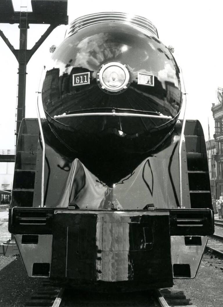 Head-end photo of steam locomotive