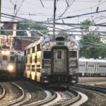 Two commuter trains on curve