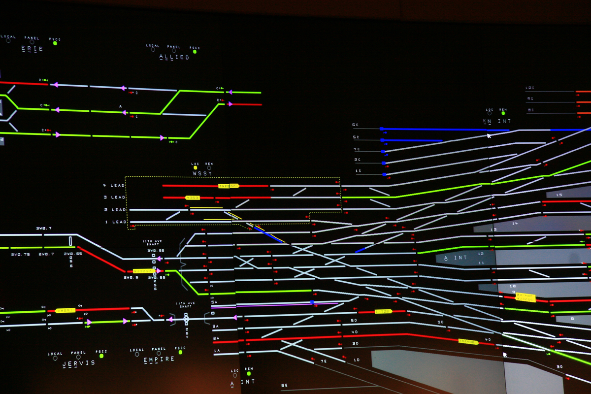 Photograph of dispatcher's track diagram at Penn Station