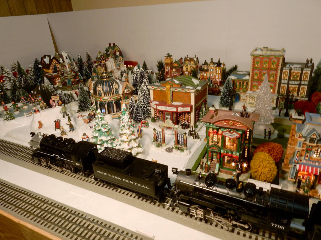 A Christmas scene on a toy train layout