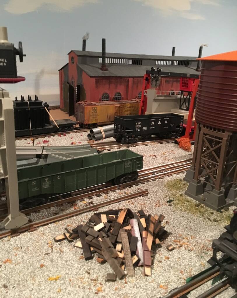 scene of freight yard on toy train layout
