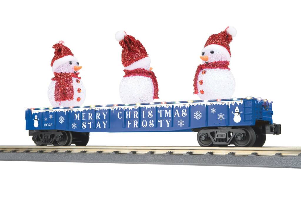 blue gondola with snowmen on top