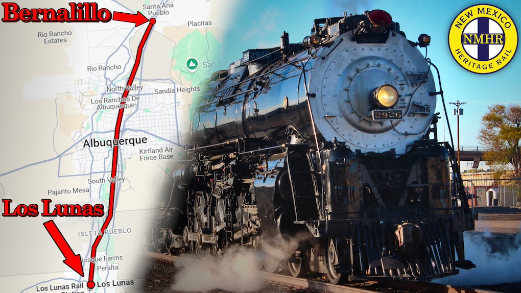 A graphic showing a steam locomotive overlaid with a map showing Albuquerque and communities of Bernalillo to the north and Los Lunas to the south of downtown