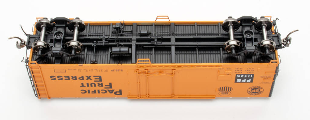 Color photo showing underbody of HO scale refrigerator car.