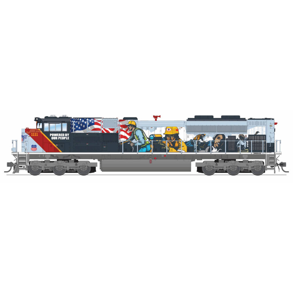 A model locomotive in a mural paint scheme