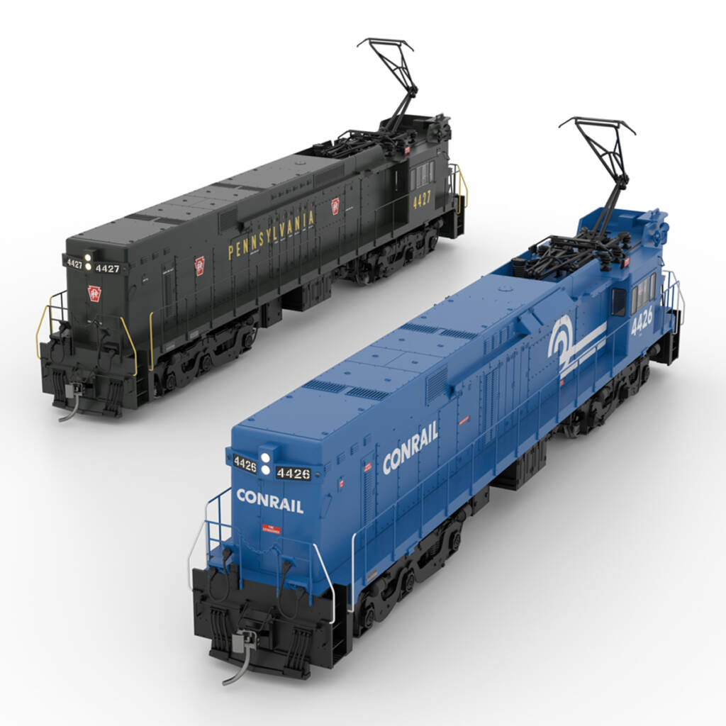 Two model locomotives, one in a blue paint scheme and one in a black paint scheme