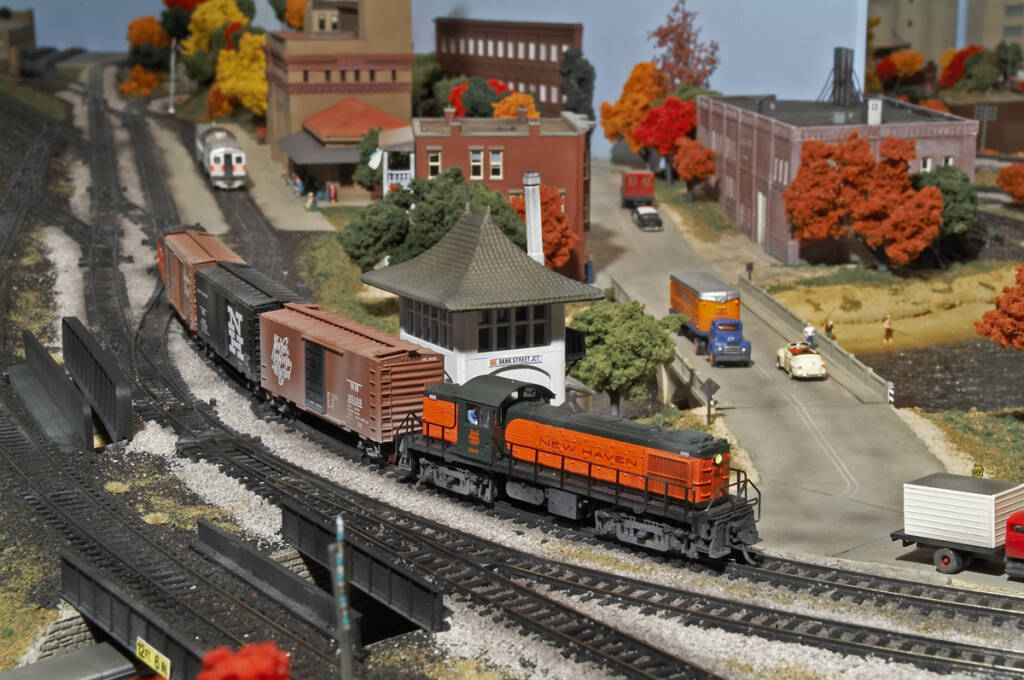 A model train on a model railroad layout