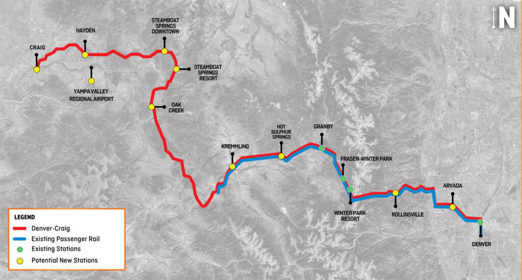Map of rail route between Denver and Craig, Colo.