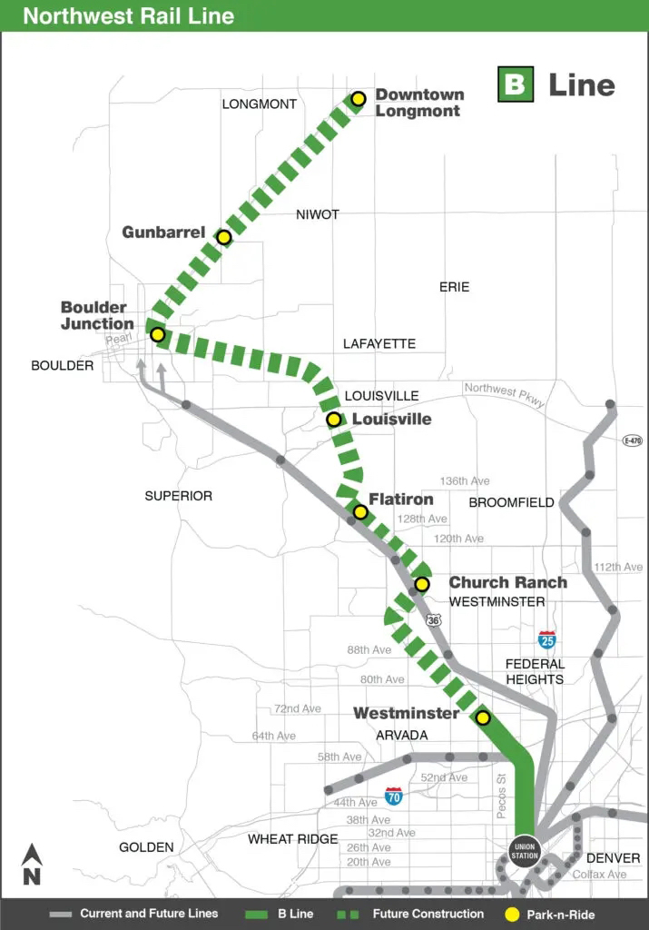 Map of rail line from Denver to Longmont, Colo.