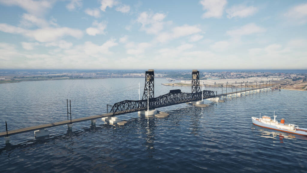 Illustration of rail bridge with center lift span and approaching ship
