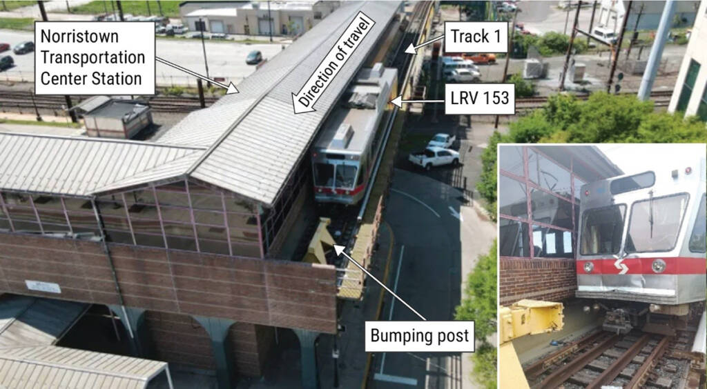 Aerial view of accident scene involving light rail vehicle in Norristown, Pa.