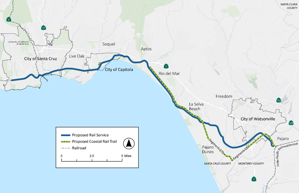 Map of proposed rail line between Santa Cruz and Pajaro, Calif.