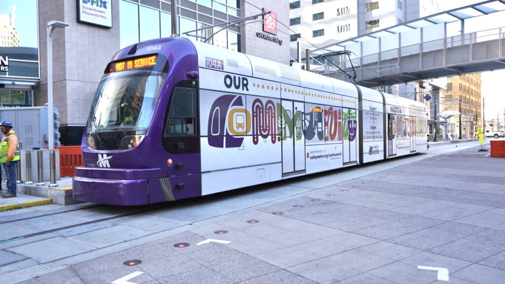 Light rail trainset in downtown Phoenix