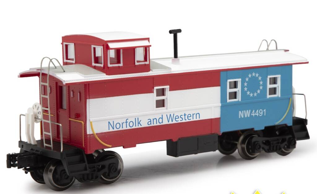 red, white, and blue model caboose