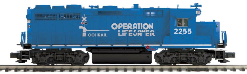 blue and white model diesel locomotive