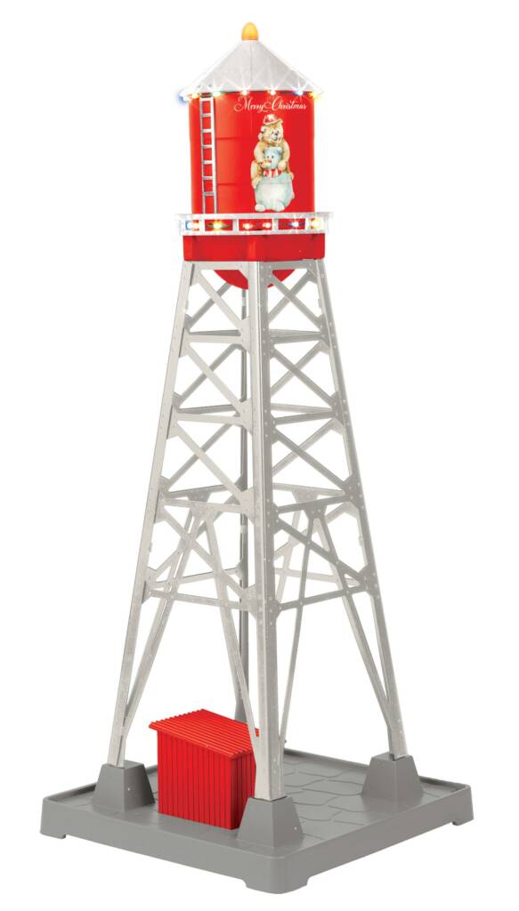 red and silver model water tower