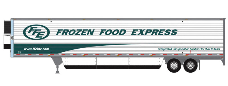 Color illustration of trailer with green and white graphics, refrigeration unit, and wind skirts.