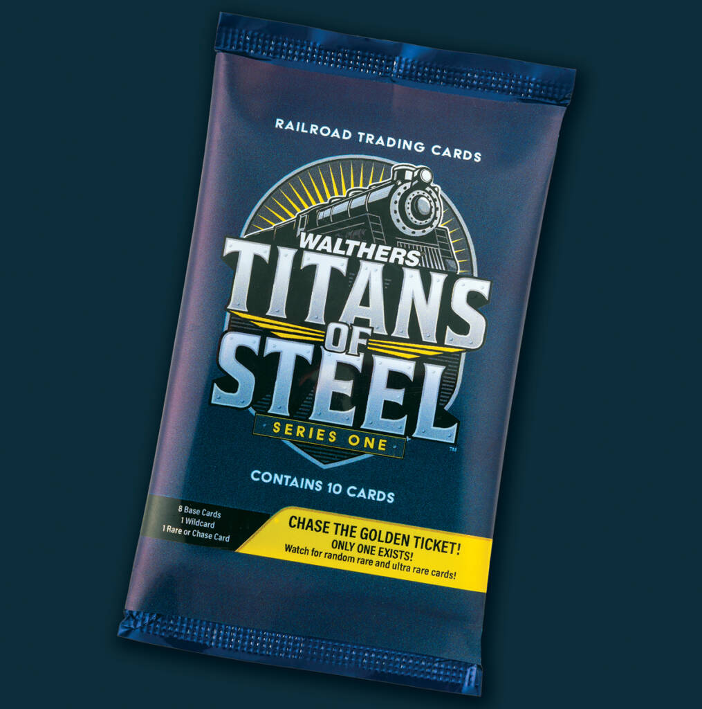 Photo showing a pack of trading cards with foil wrapper with blue, yellow, and white graphics.