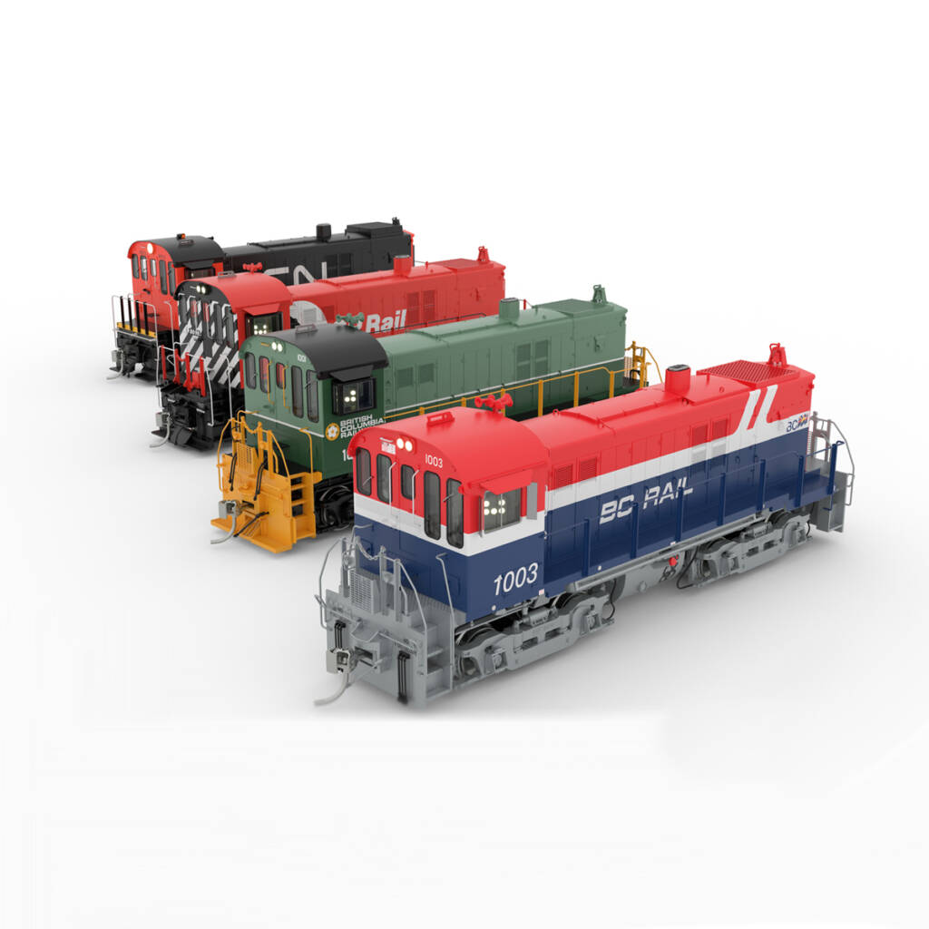 Four model locomotives in various paint schemes