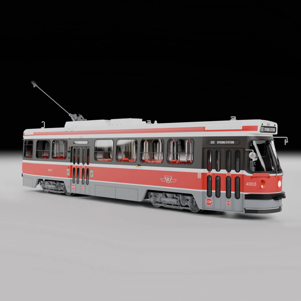 A white red and black model streetcar