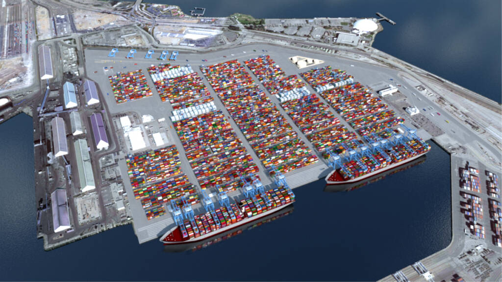 Aerial-view illustration of container terminal at Port of Long Beach