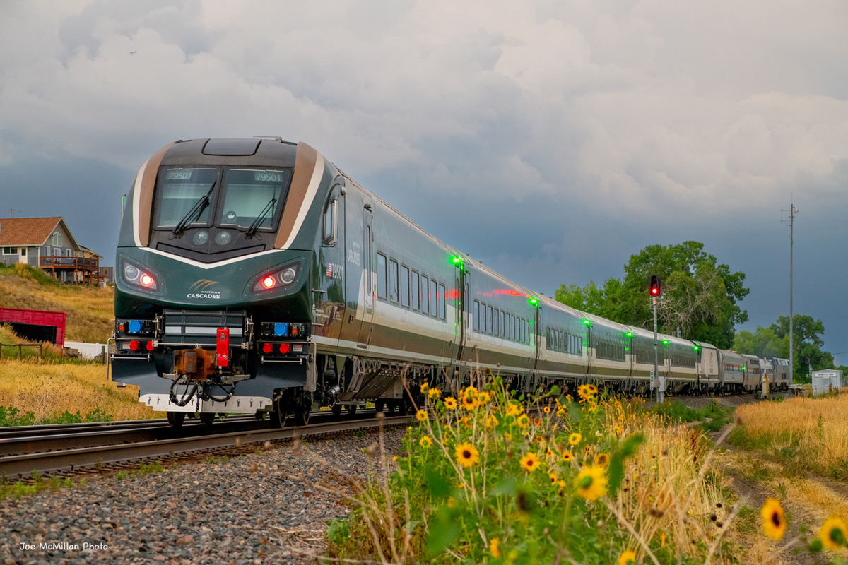 Green, white, and brown passenger train pulled by Amtrak equipment