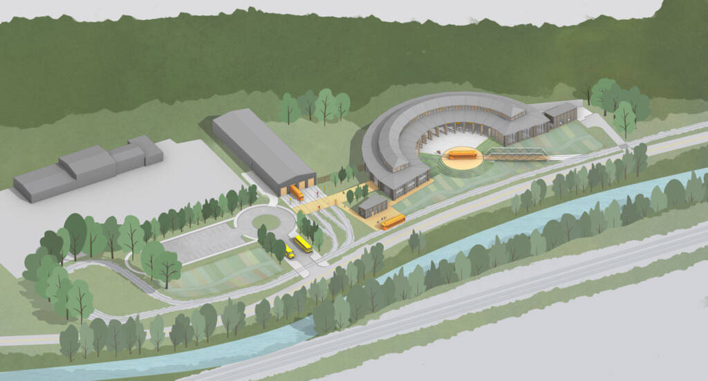 Aerial-view illustration of streetcar museum with roundhouse and carbarn