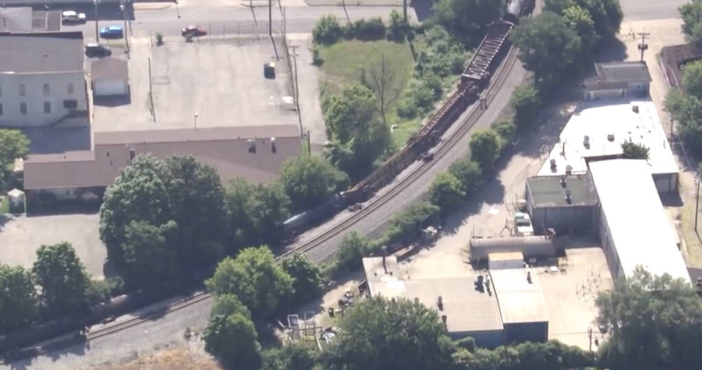 Aerial view of derailed railcars