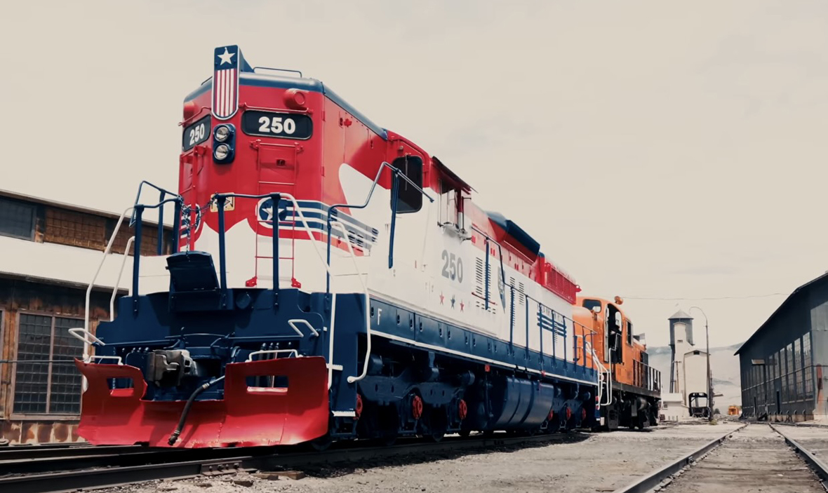 Red, white, and blue diesel locomotive