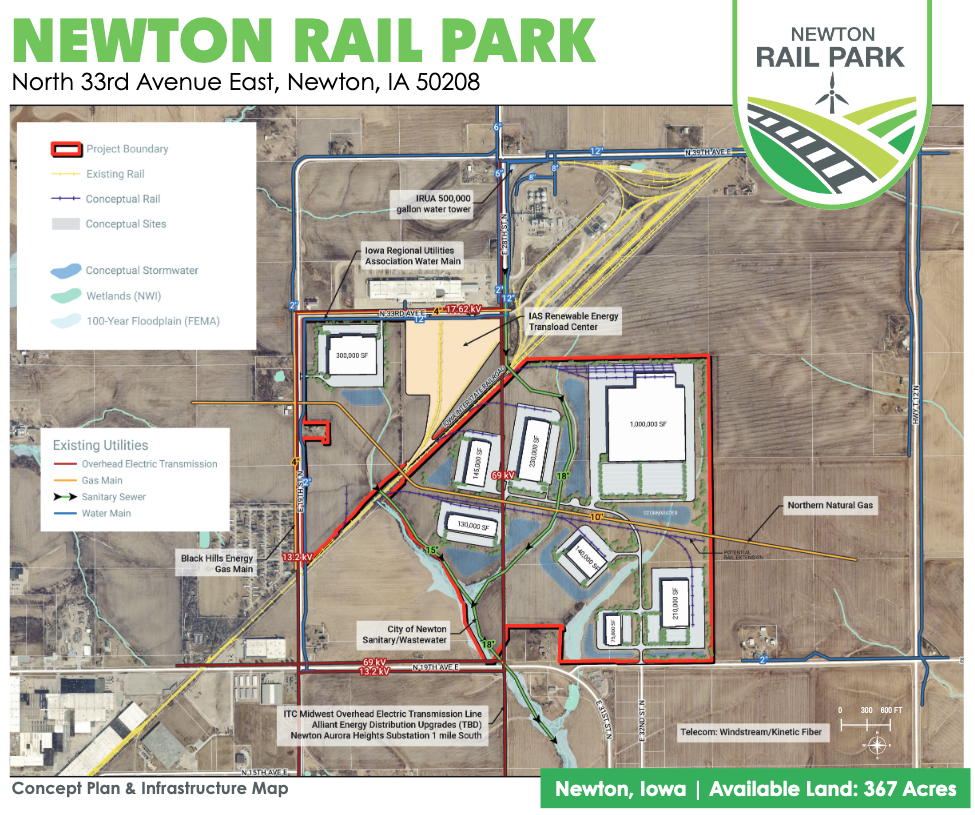 Diagram of planned rail-served industrial park in Newton, Iowa