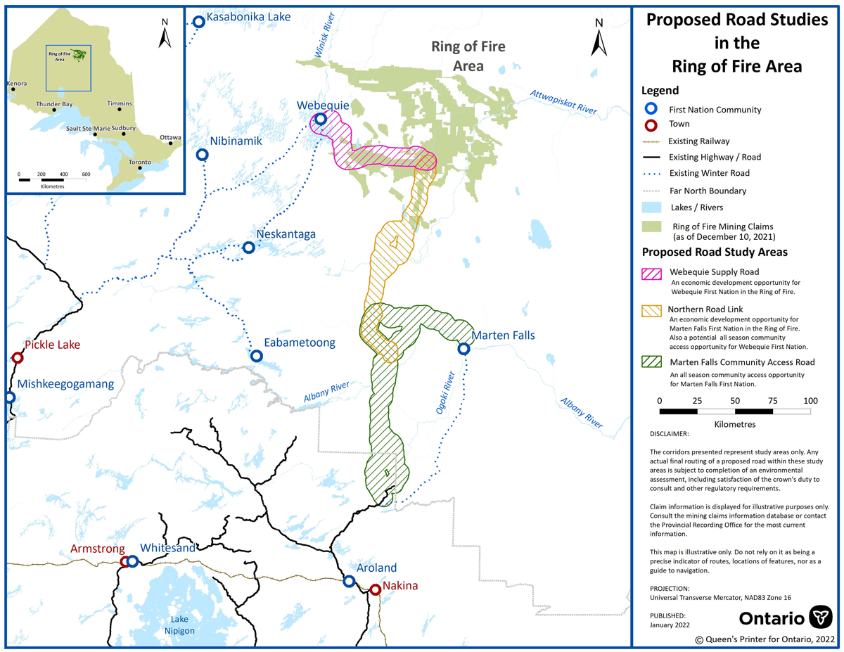 Map of northern Ontario showing proposed roadways to Ring of Fire mineral region