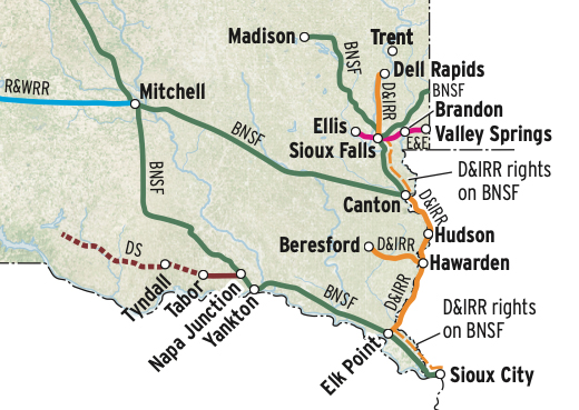 Portion of South Dakota rail map