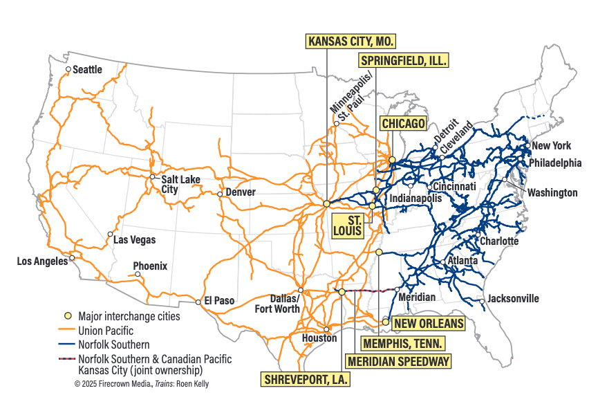 Map of US showing Union Pacific and Norfolk Southern routes