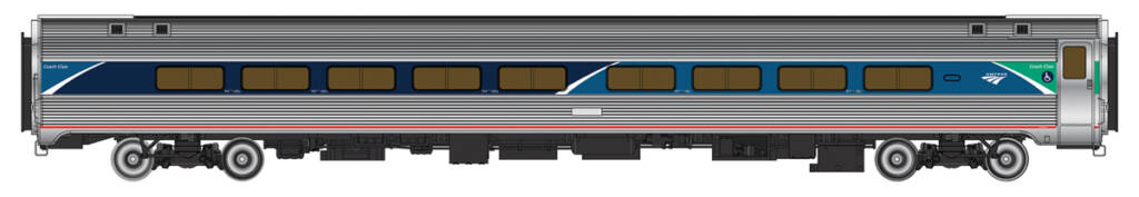  Color illustration of HO scale fluted-side passenger car with blue, white, and teal graphics.