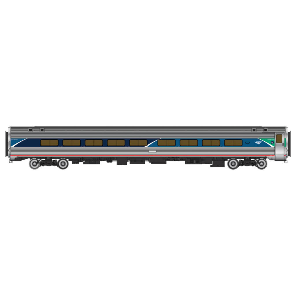 A model amfleet passenger car in silver with white, red and blue stripes