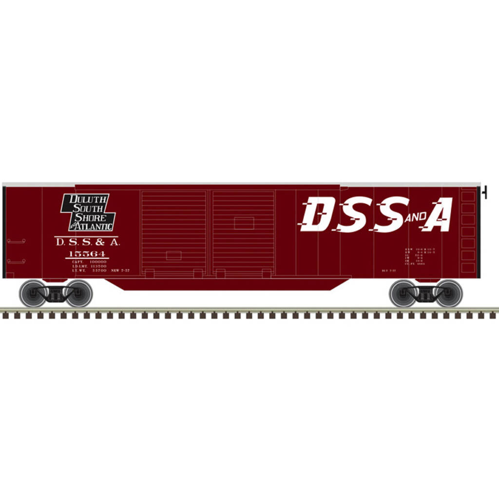 A red model boxcar with white lettering which reads "DSSA"