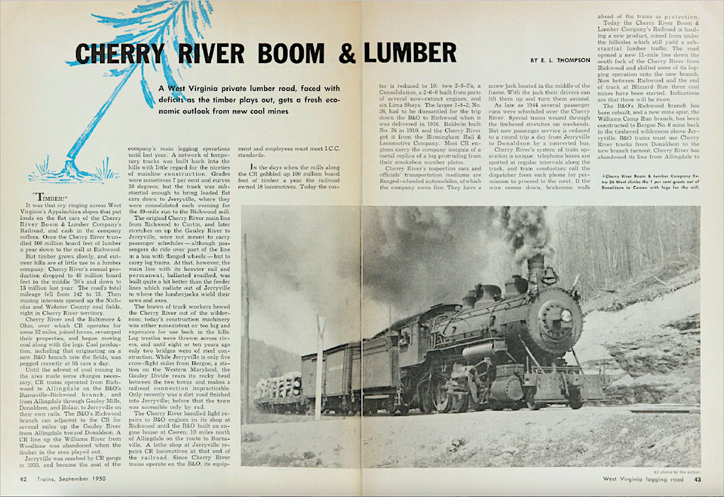 Black and white magazine spread from 1950 headed Cherry River Boom & Lumber
