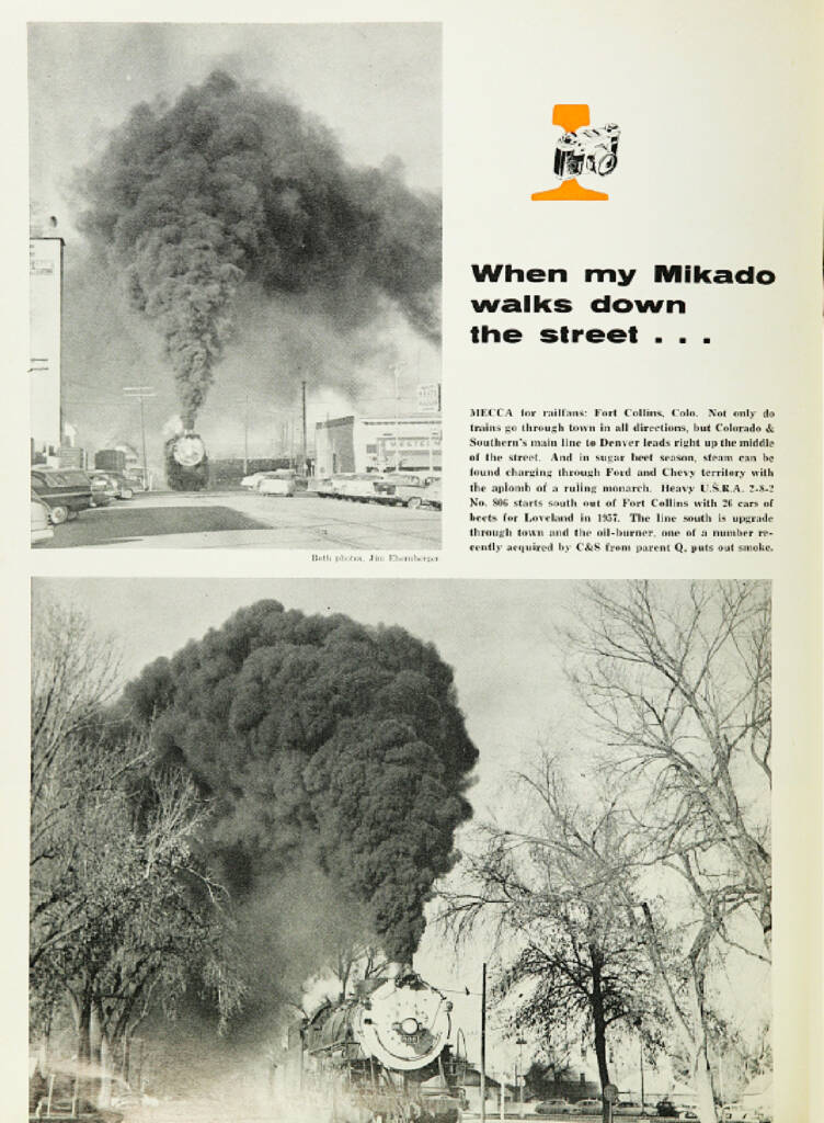Page from September 1958 Trains Magazine with two steam locomotive photos.