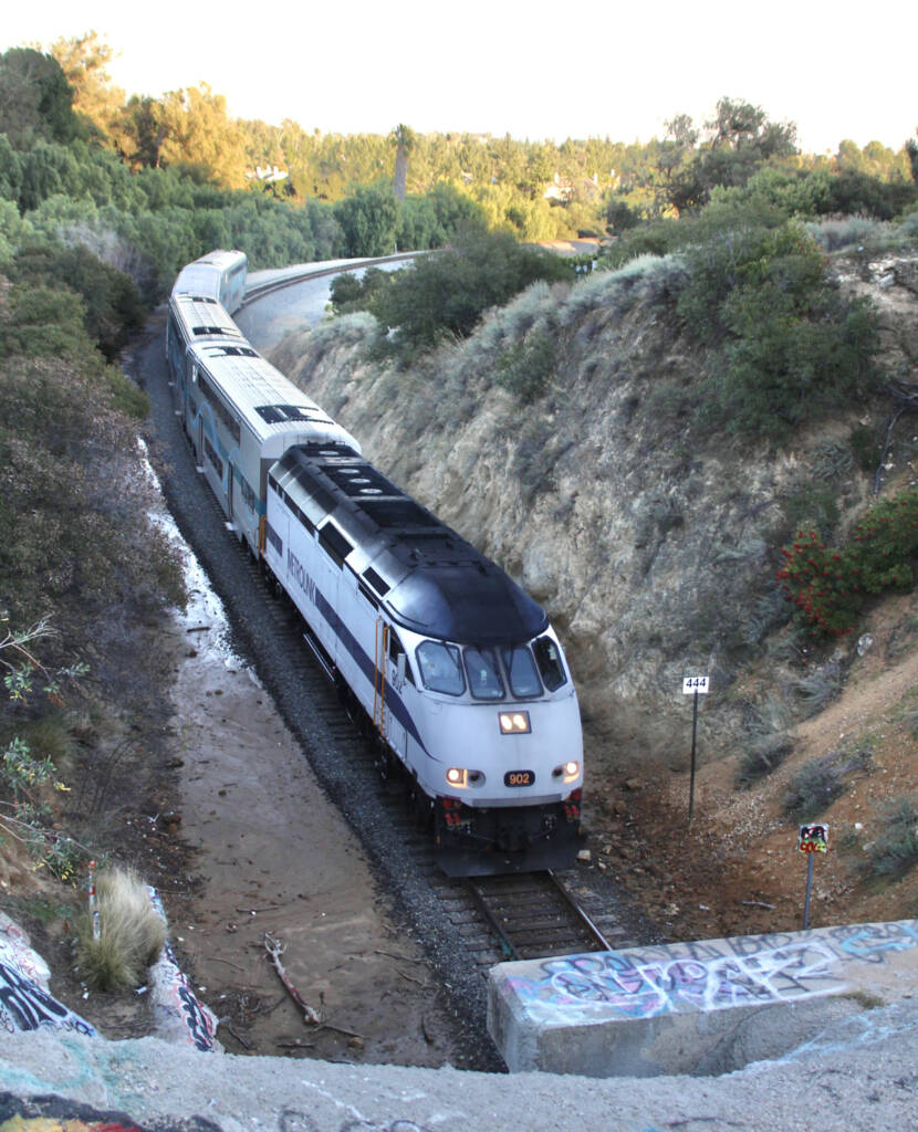 Commuter train entering tunnel