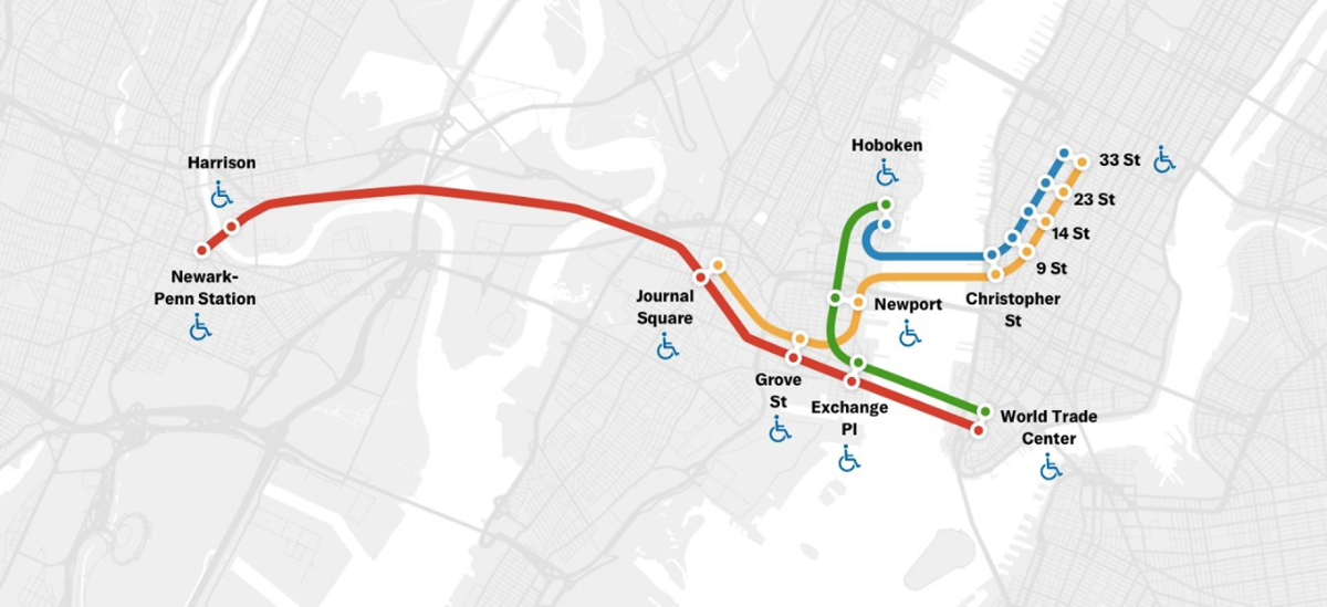Map of PATH rail lines between New Jersey and New York City